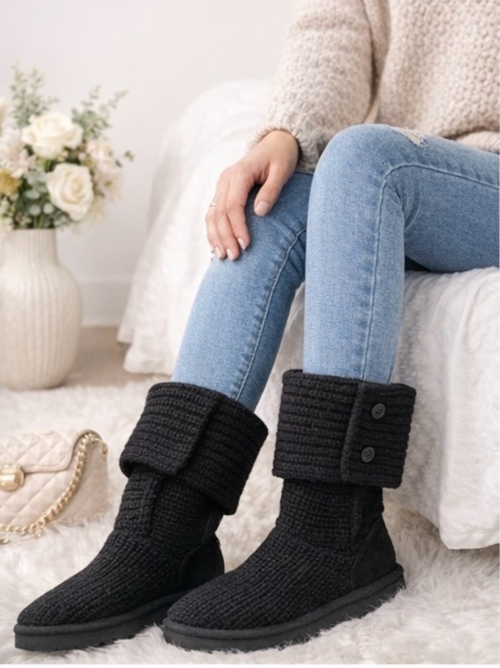 Cozy Black Knit Fold-Over Booties New With Tags! - Picture 4 of 5